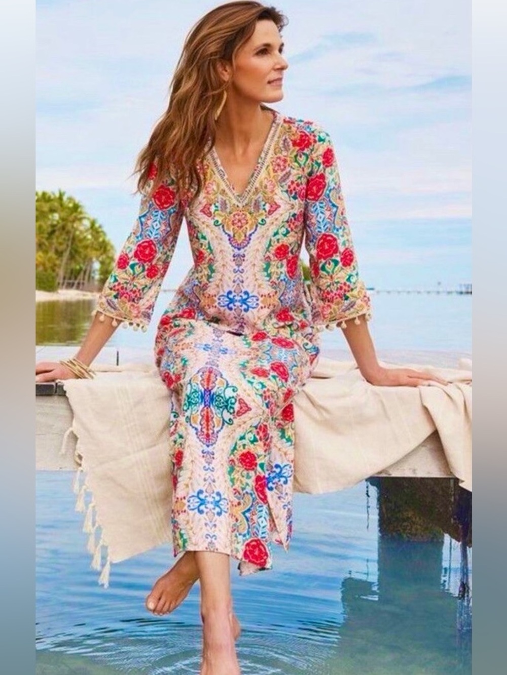 Soft Surroundings Ipanema Kaftan Maxi Dress Beaded Embroidered Embellished